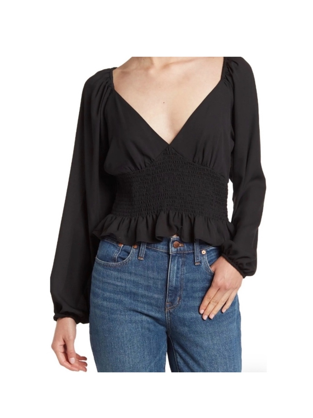 Wayf Black Smocked-Waist V-Neck Peplum Blouse